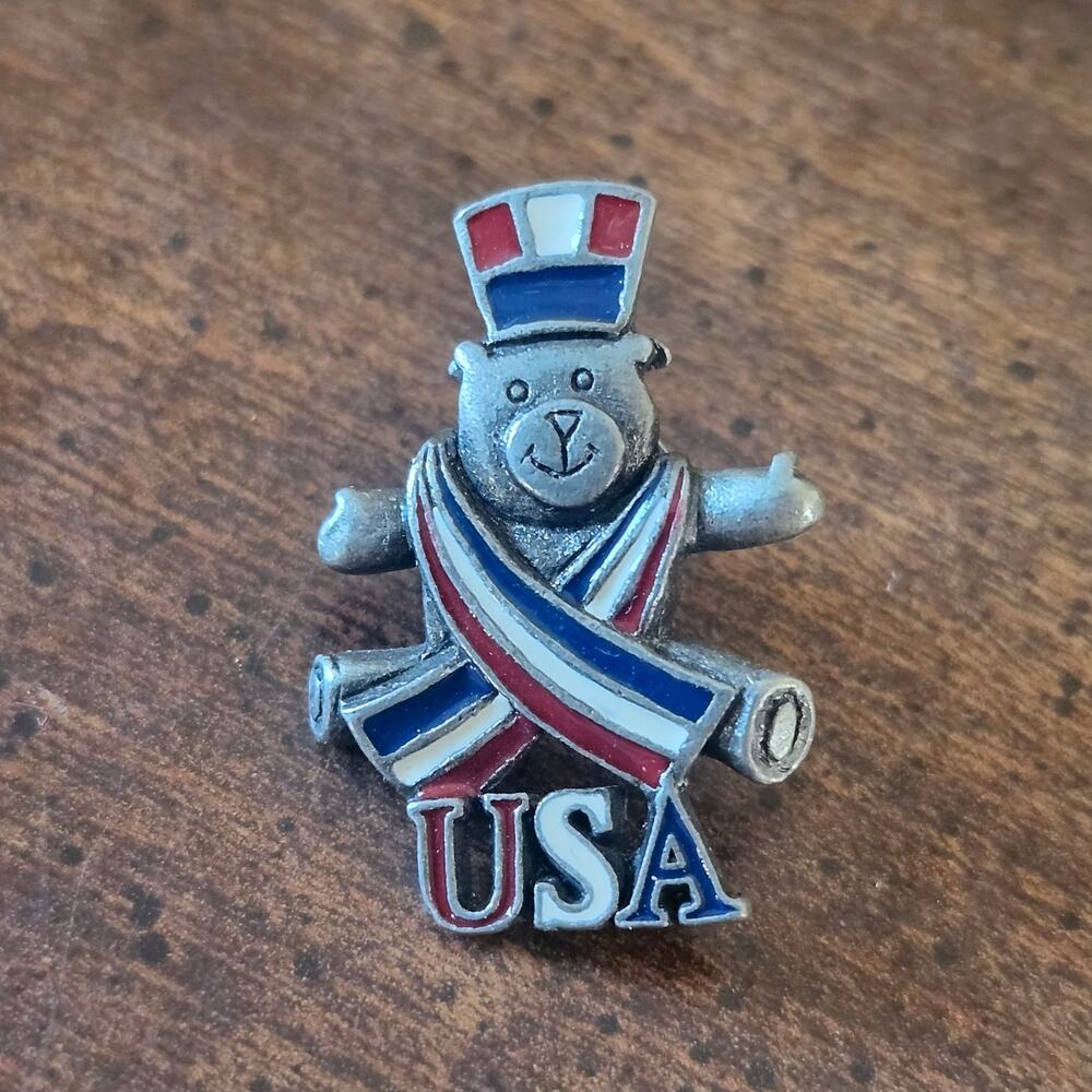 Vintage Ballet Pewter USA Teddy Bear Patriotic Enamel Ribbon Lapel Pin Brooch